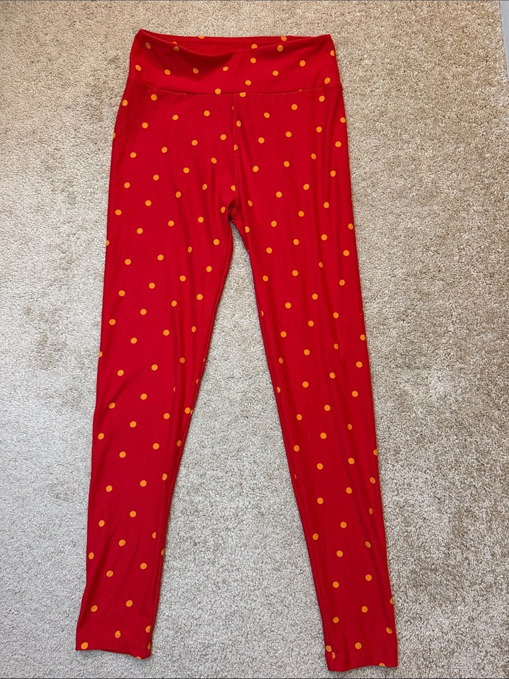 LuLaRoe Print Legging Red Leggings with Yellow Polka Dots One Size - Picture 4 of 10